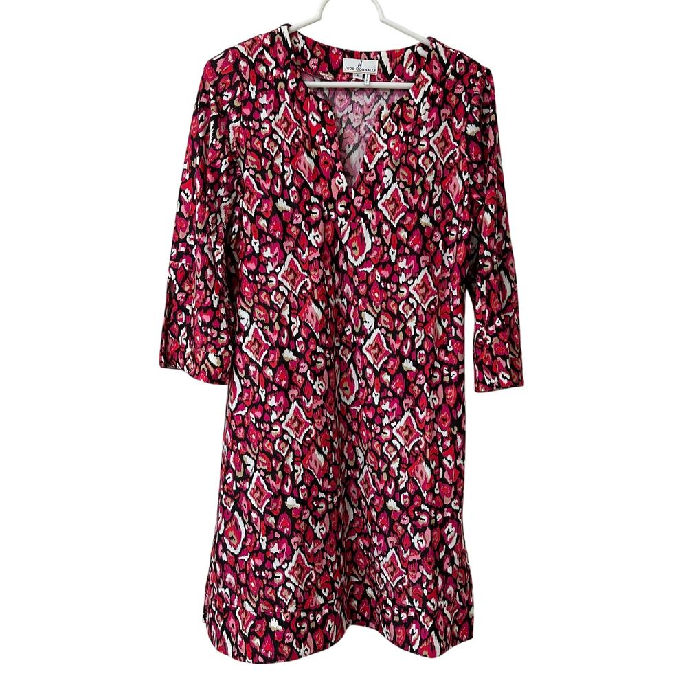 Jude Connally Womens Size Small Pink Ikat Print Long Sleeve Shift Dress V Neck